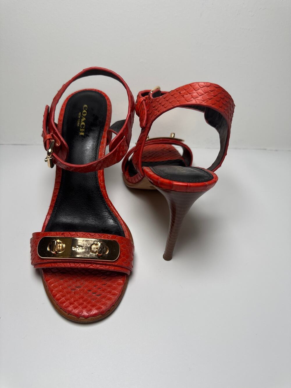 Coach Snake Embossed Leather Stiletto Sandals Orange Red Turnlock Womens Sz 8.5